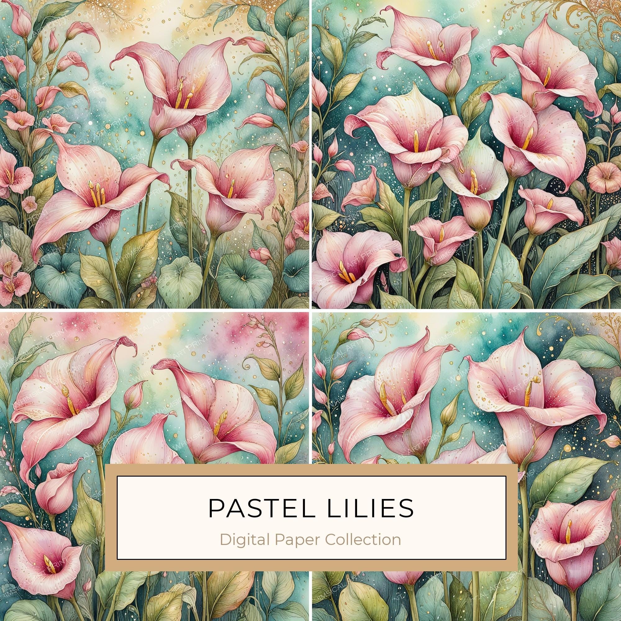 Watercolor Calla Lilies with Soft Hues Digital Paper Set in Pastel Pink & Green, Perfect for Scrapbooking, 10 JPGs, Commercial Use