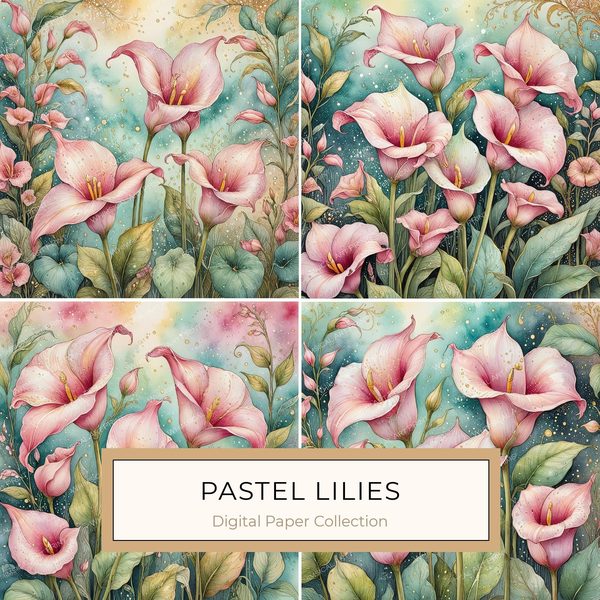 Watercolor Calla Lilies with Soft Hues Digital Paper Set in Pastel Pink & Green, Perfect for Scrapbooking, 10 JPGs, Commercial Use