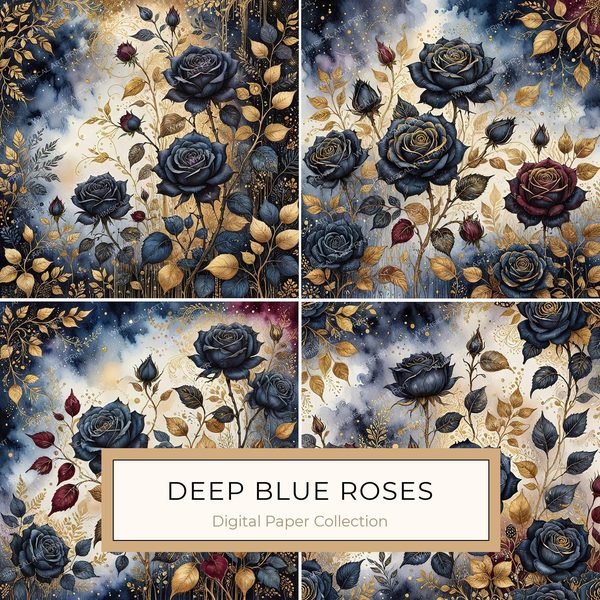 Dark Blue Roses Digital Paper: Gold Accent Scrapbook (Digital Download)