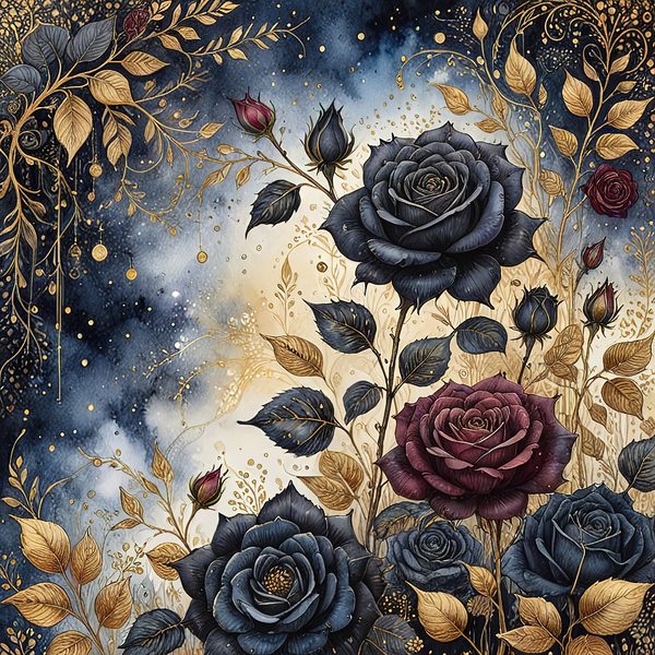Dark Blue Roses Digital Paper: Gold Accent Scrapbook (Digital Download) — image 1