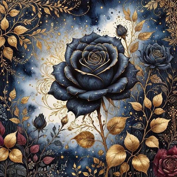 Dark Blue Roses Digital Paper: Gold Accent Scrapbook (Digital Download) — image 2
