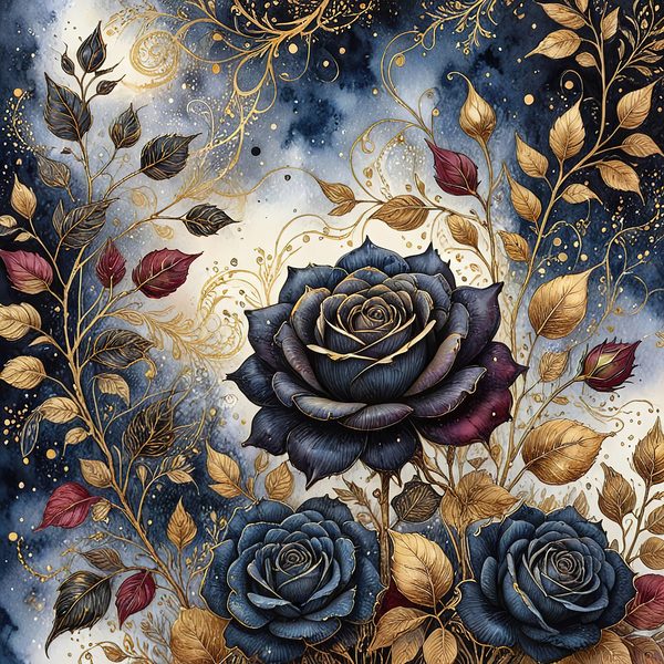 Dark Blue Roses Digital Paper: Gold Accent Scrapbook (Digital Download) — image 3