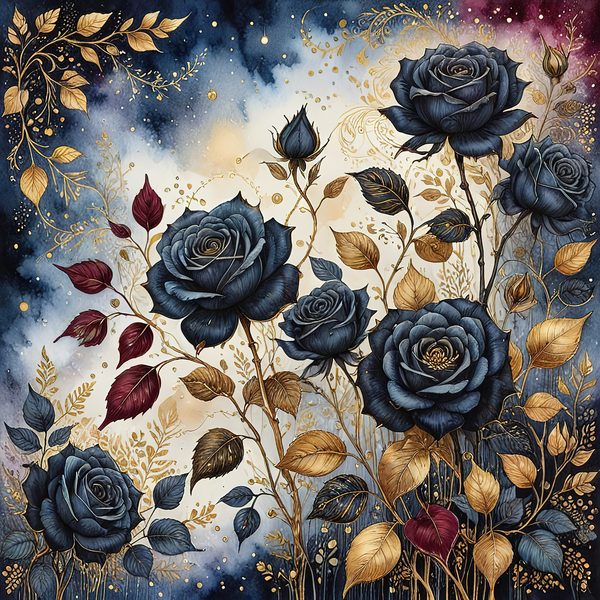 Dark Blue Roses Digital Paper: Gold Accent Scrapbook (Digital Download) — image 4