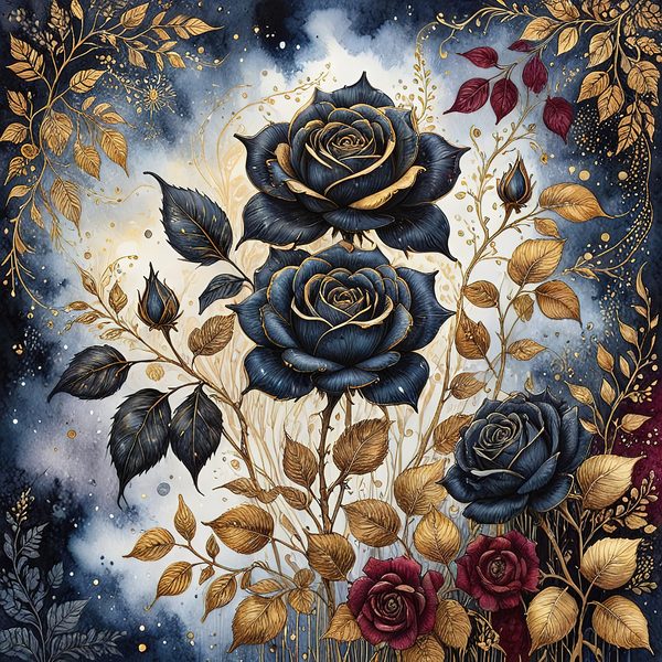 Dark Blue Roses Digital Paper: Gold Accent Scrapbook (Digital Download) — image 6