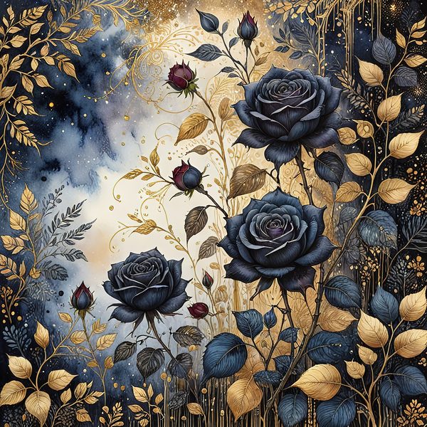 Dark Blue Roses Digital Paper: Gold Accent Scrapbook (Digital Download) — image 7