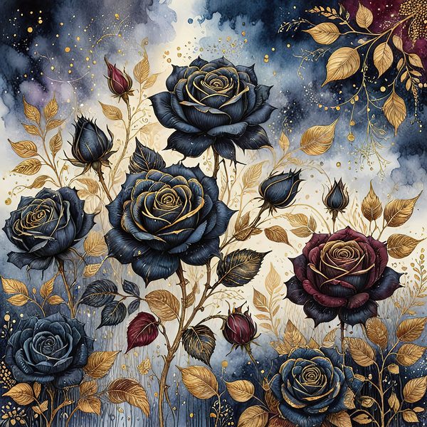 Dark Blue Roses Digital Paper: Gold Accent Scrapbook (Digital Download) — image 8