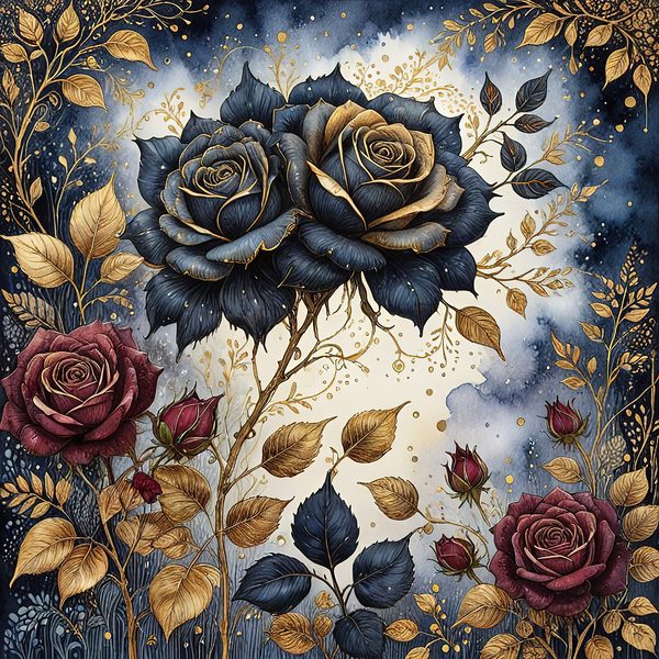 Dark Blue Roses Digital Paper: Gold Accent Scrapbook (Digital Download) — image 9