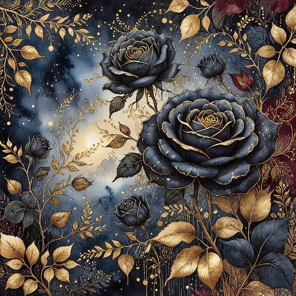 Dark Blue Roses Digital Paper: Gold Accent Scrapbook (Digital Download) — image 11
