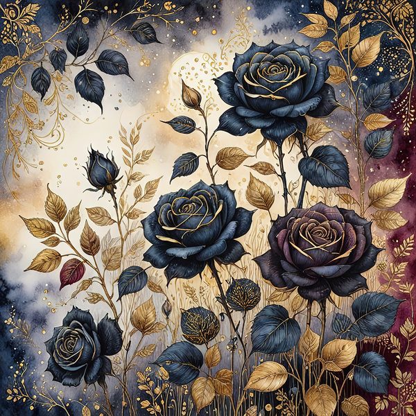 Dark Blue Roses Digital Paper: Gold Accent Scrapbook (Digital Download) — image 12
