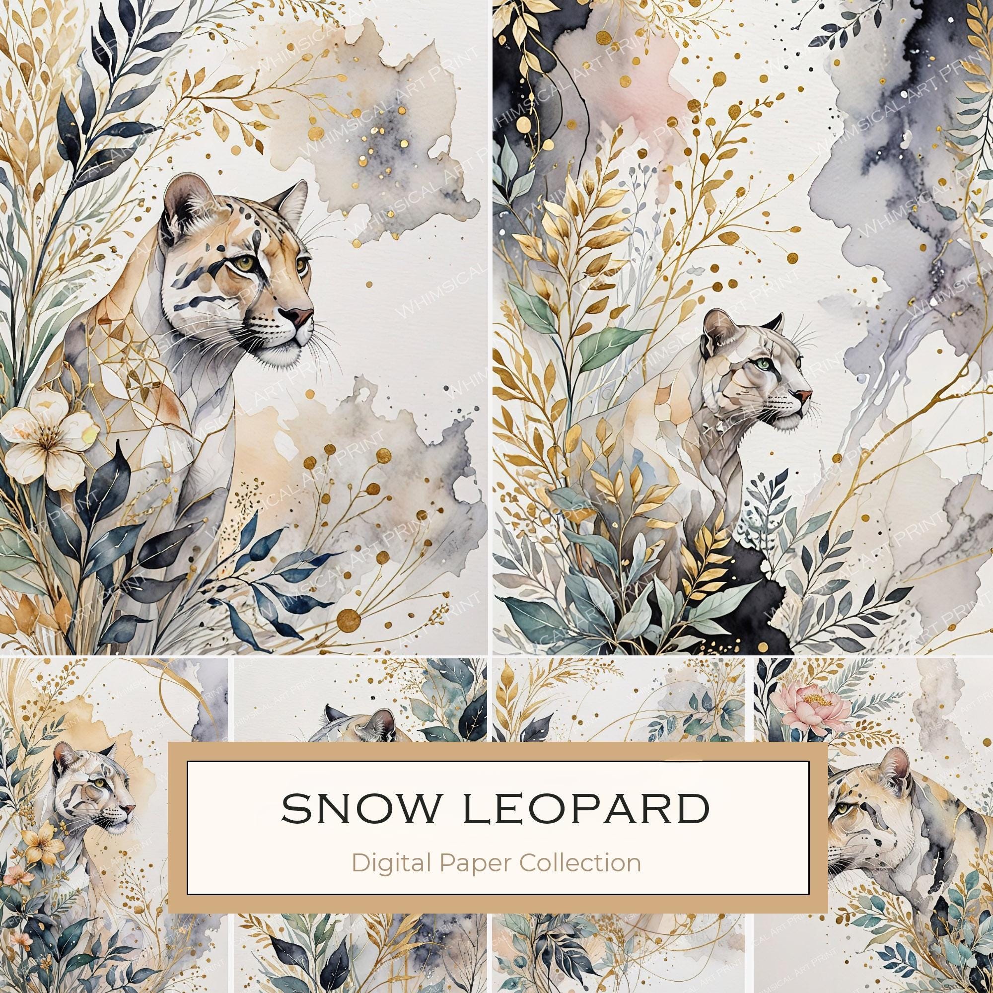 Watercolor Snow Leopard Floral Digital Paper Set (JPGs)