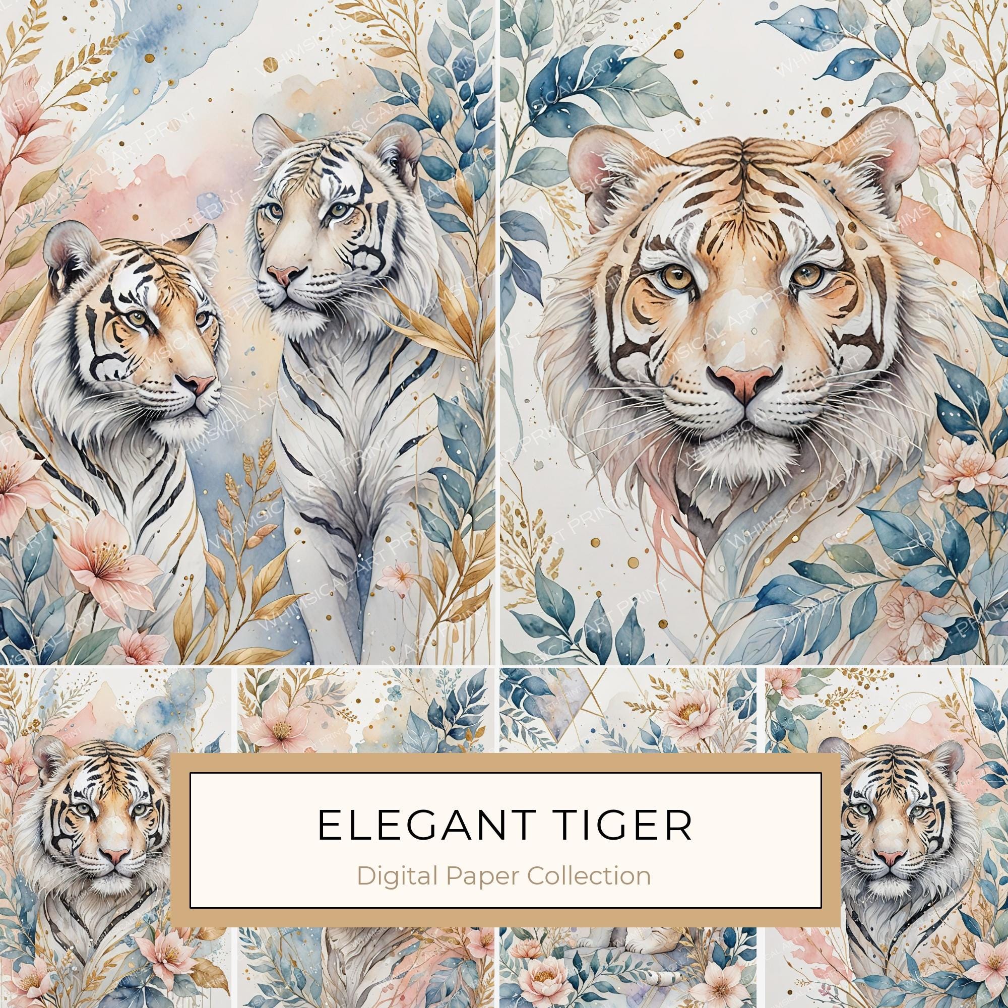 Watercolor Tiger Floral Digital Paper Set: Scrapbooking, Card Making (JPGs)