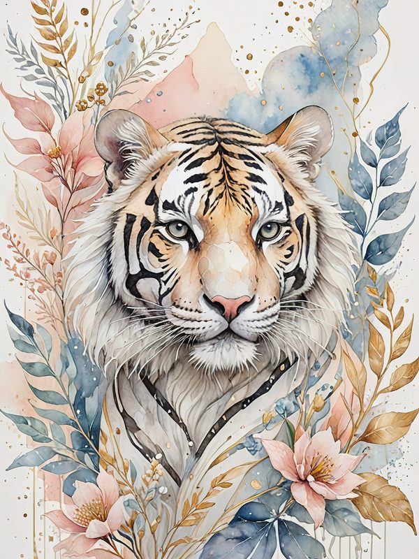 Watercolor Tiger Floral Digital Paper Set: Scrapbooking, Card Making (JPGs) — image 1