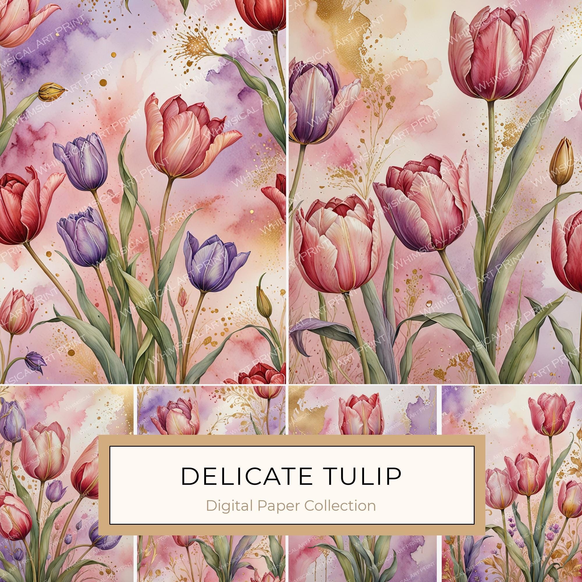 Watercolor Tulip Digital Paper: Floral Scrapbook Designs (JPGs)