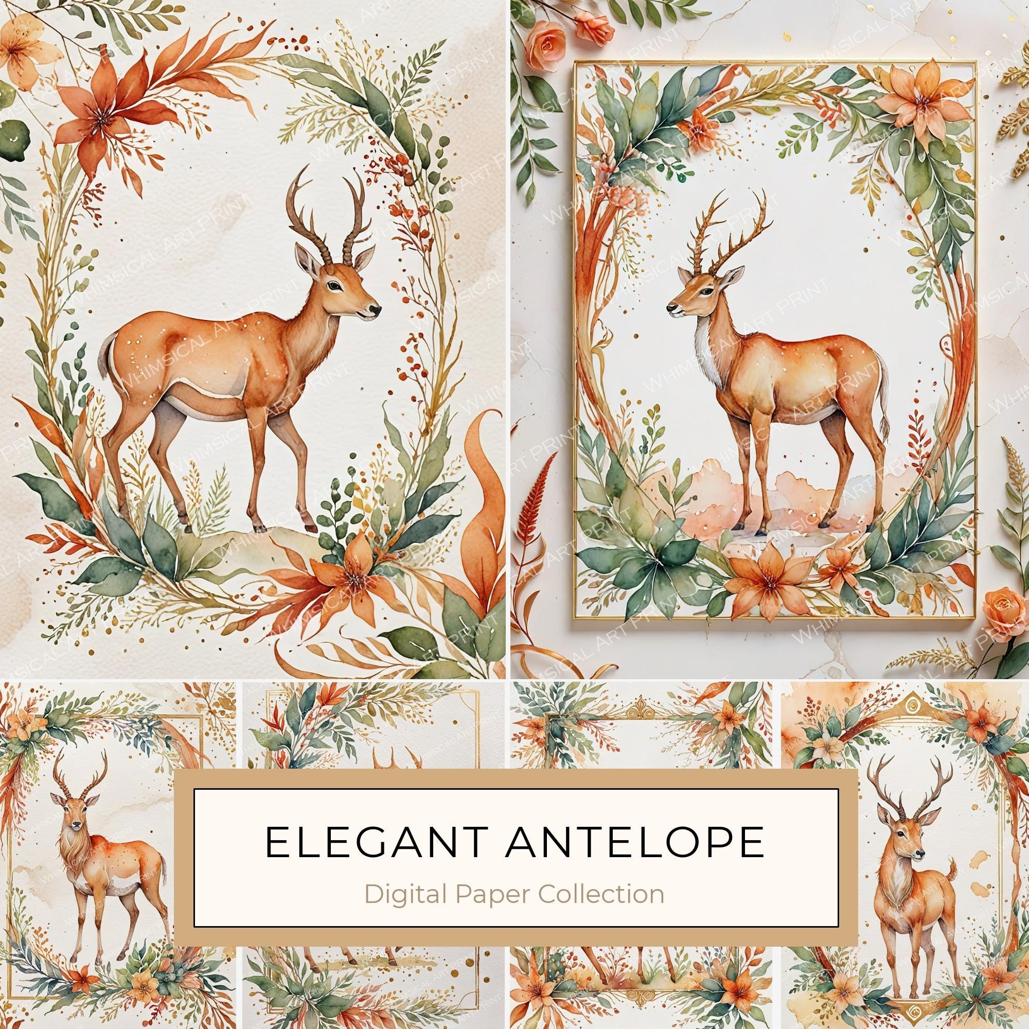 Watercolor Antelope Digital Paper: Floral DIY Crafting (JPGs, Commercial Use)