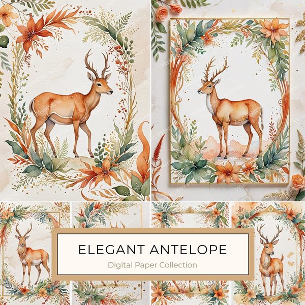 Watercolor Antelope Digital Paper: Floral DIY Crafting (JPGs, Commercial Use)