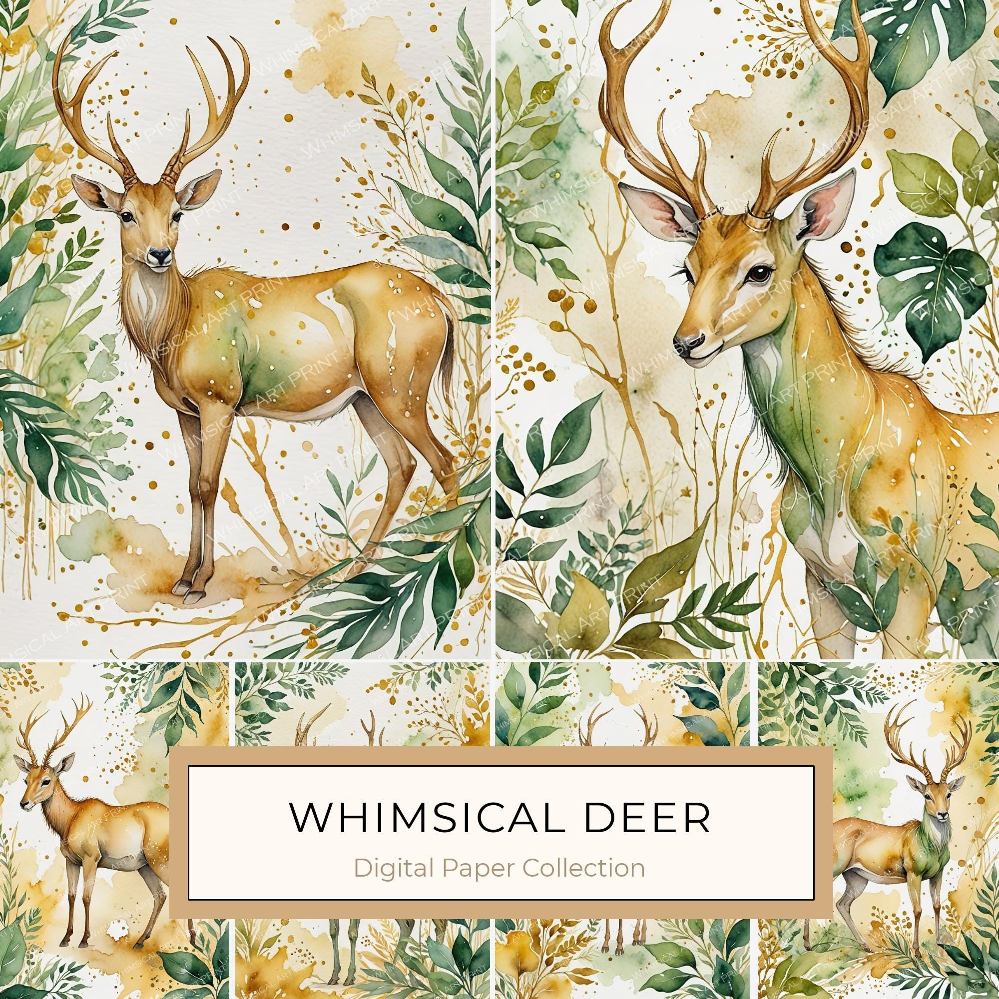 Watercolor Deer with Antlers : Geometric Art Style JPGs (Commercial Use)