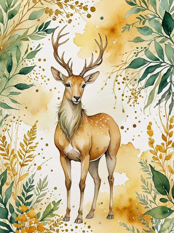 Watercolor Deer with Antlers : Geometric Art Style JPGs (Commercial Use) — image 1