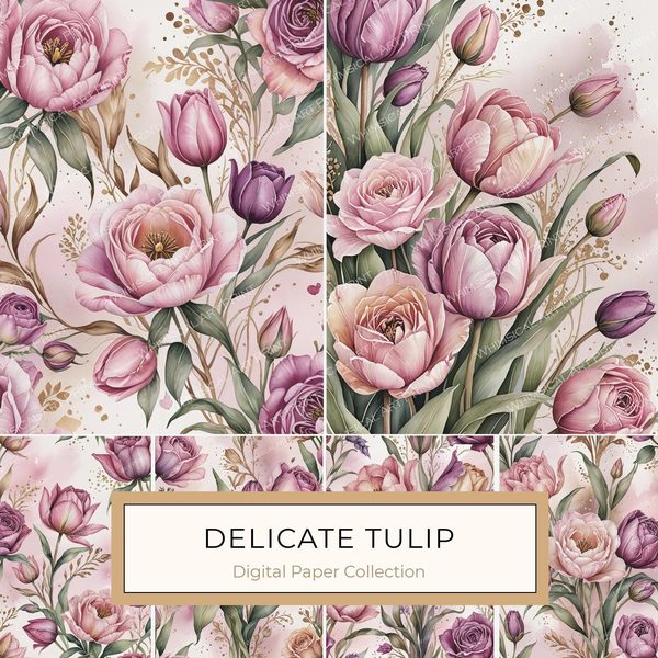 Watercolor Tulip Digital Paper: Pink & Purple Floral Designs (JPGs)