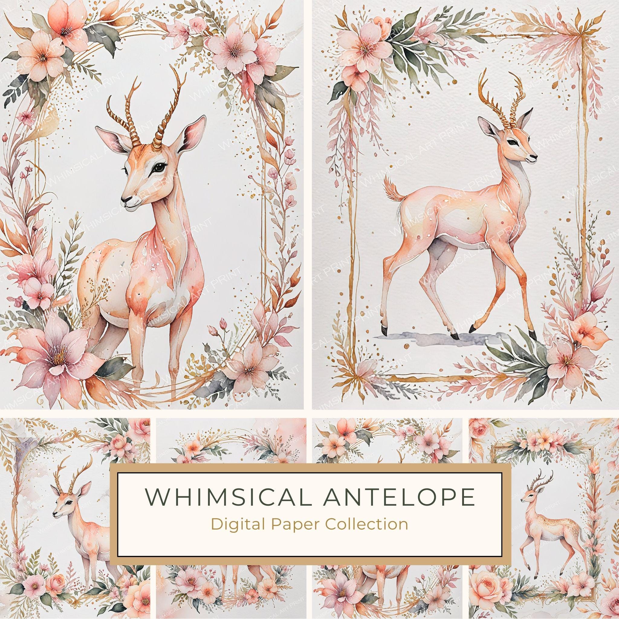 Watercolor Antelope Art: Peach Floral Designs (Digital JPG Set)