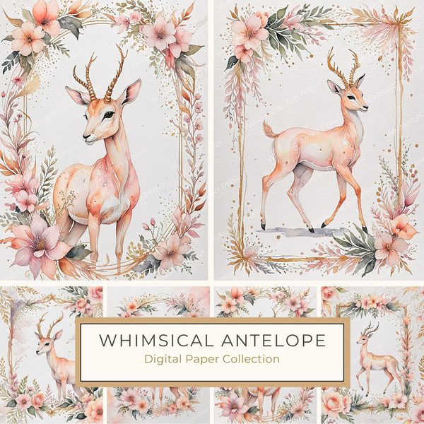Watercolor Antelope Art: Peach Floral Designs (Digital JPG Set)