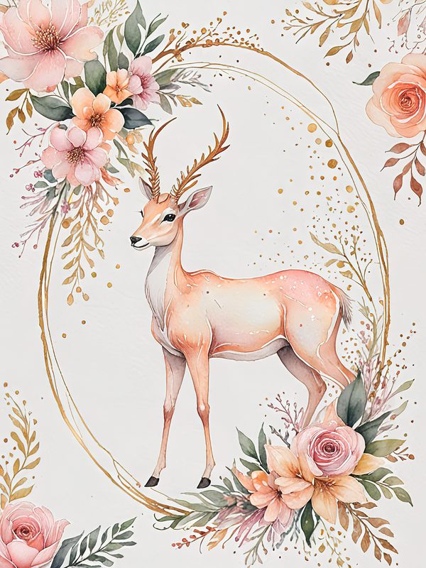 Watercolor Antelope Art: Peach Floral Designs (Digital JPG Set) — image 1
