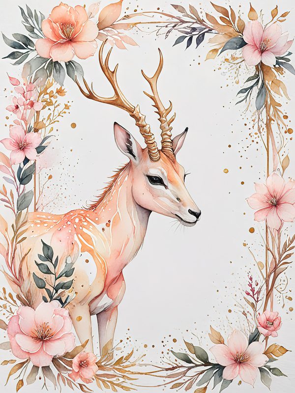 Watercolor Antelope Art: Peach Floral Designs (Digital JPG Set) — image 2