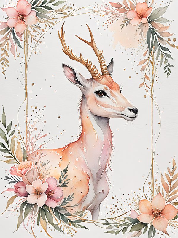 Watercolor Antelope Art: Peach Floral Designs (Digital JPG Set) — image 3