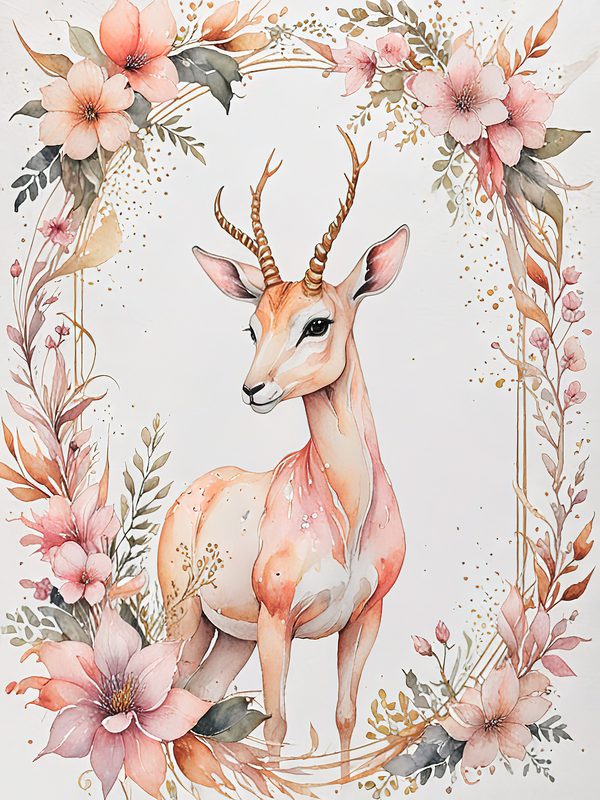 Watercolor Antelope Art: Peach Floral Designs (Digital JPG Set) — image 5