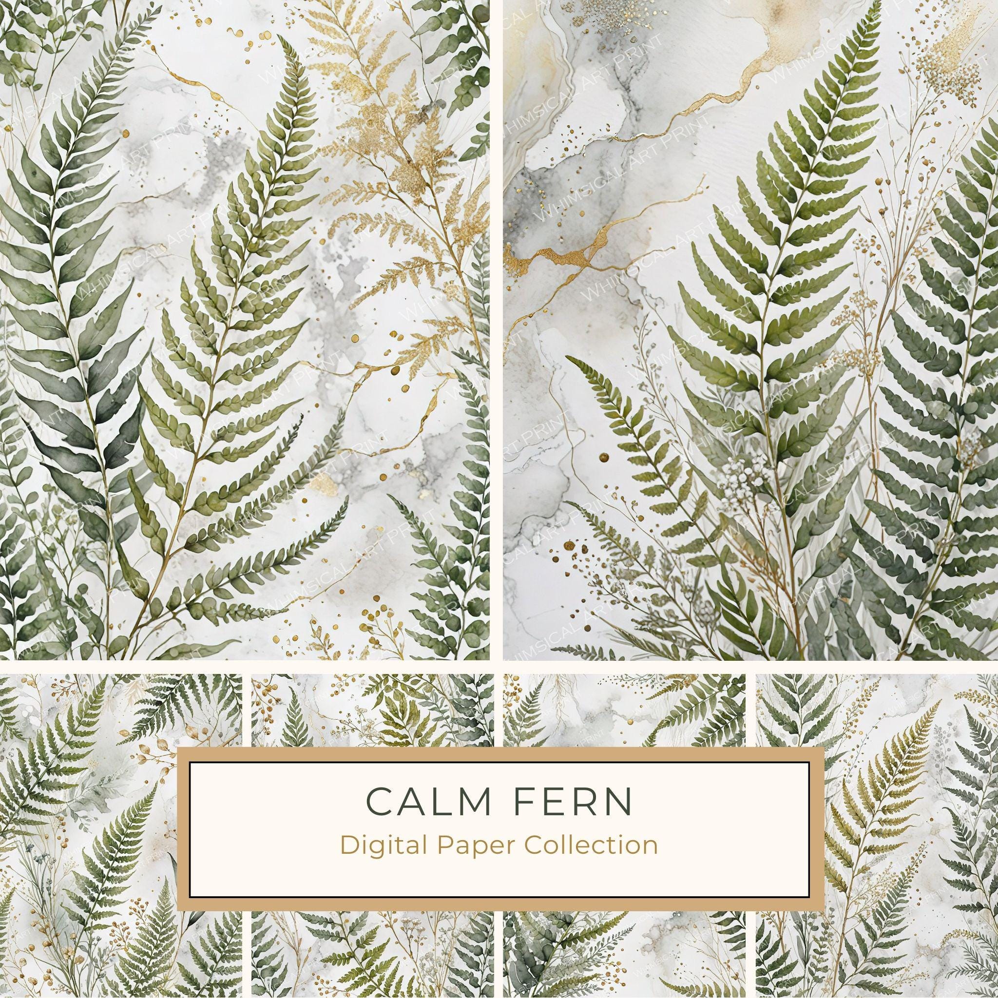Watercolor Fern Digital Paper: Sage and Marbled Gold Backgrounds (Digital Download, Commercial Use)