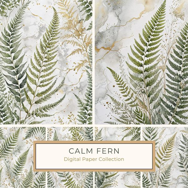 Watercolor Fern Digital Paper: Sage and Marbled Gold Backgrounds (Digital Download, Commercial Use)