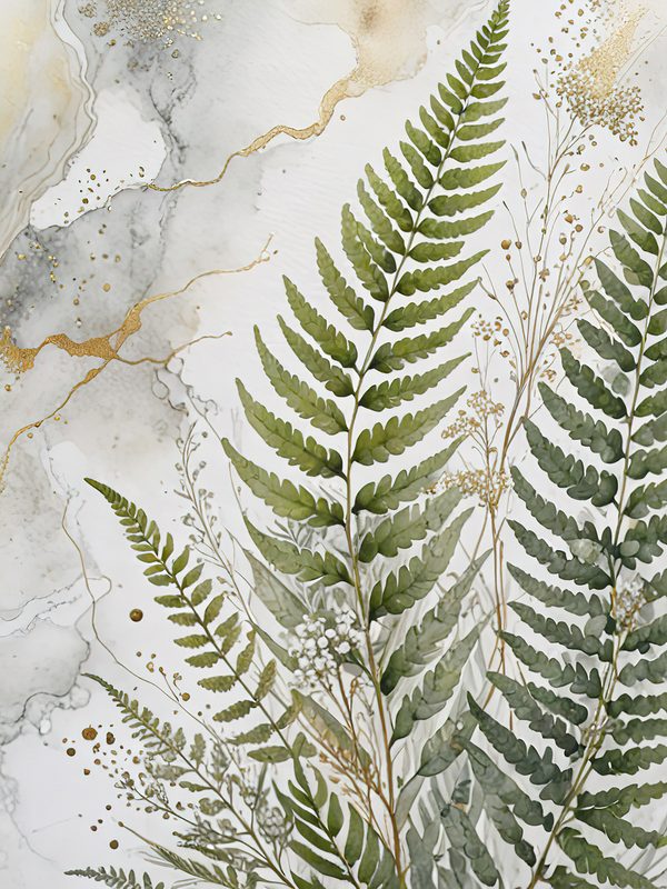 Watercolor Fern Digital Paper: Sage and Marbled Gold Backgrounds (Digital Download, Commercial Use) — image 1