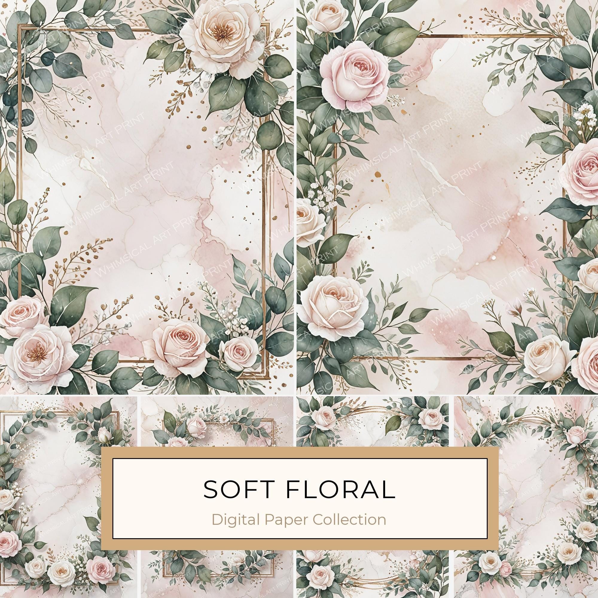Watercolor Roses Clipart: Marbled Texture, Gold Frames (JPG Digital Art)