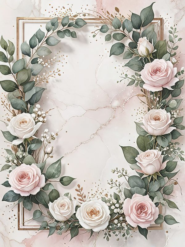 Watercolor Roses Clipart: Marbled Texture, Gold Frames (JPG Digital Art) — image 1
