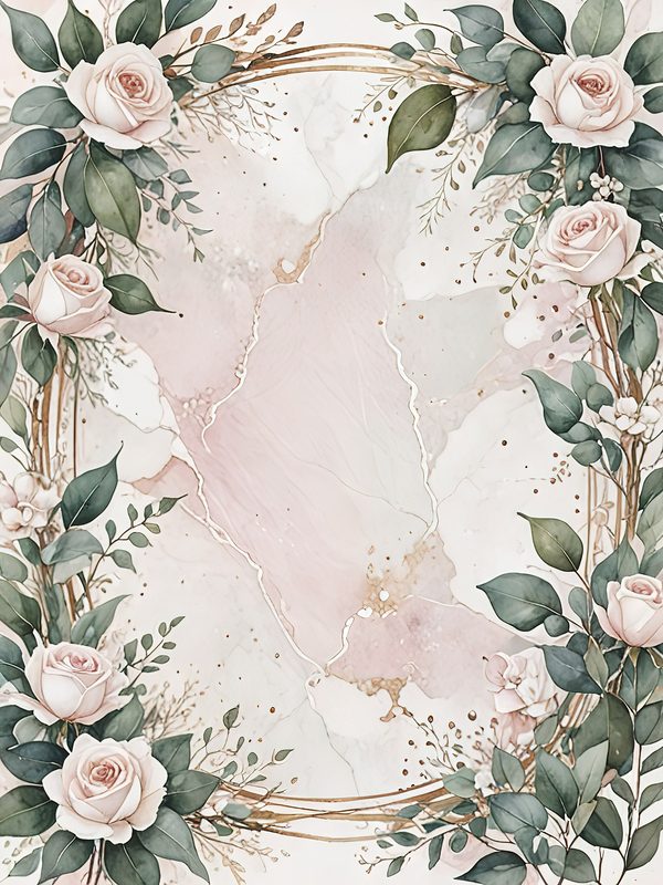 Watercolor Roses Clipart: Marbled Texture, Gold Frames (JPG Digital Art) — image 2