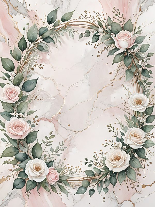 Watercolor Roses Clipart: Marbled Texture, Gold Frames (JPG Digital Art) — image 3