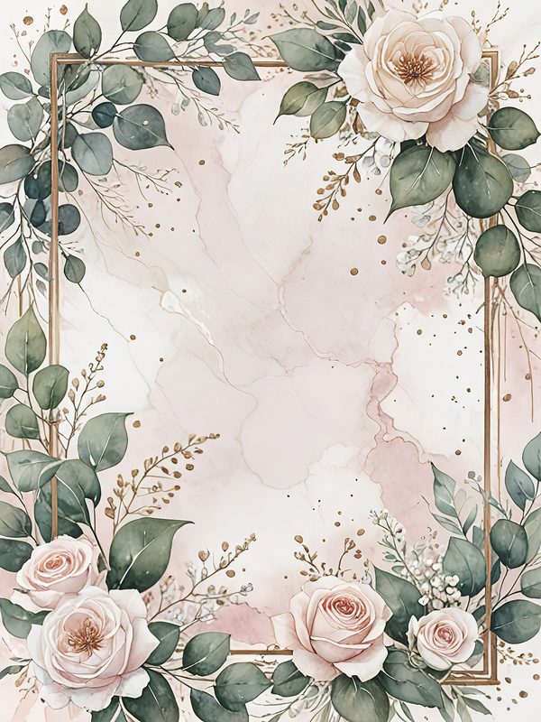 Watercolor Roses Clipart: Marbled Texture, Gold Frames (JPG Digital Art) — image 4
