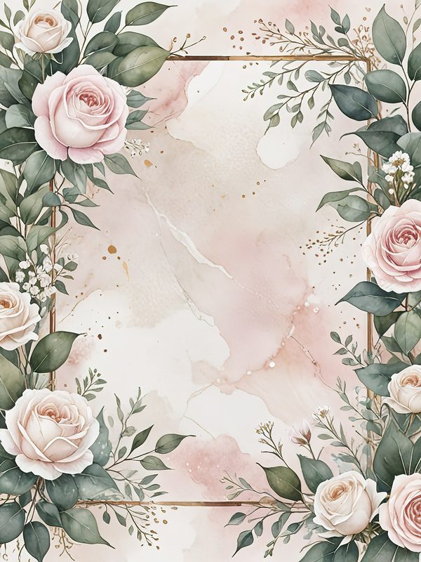 Watercolor Roses Clipart: Marbled Texture, Gold Frames (JPG Digital Art) — image 5