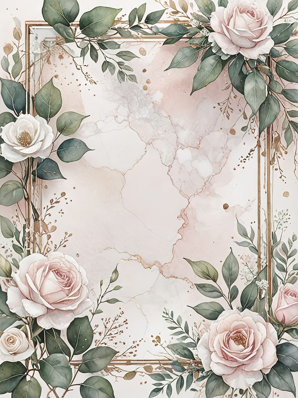 Watercolor Roses Clipart: Marbled Texture, Gold Frames (JPG Digital Art) — image 6