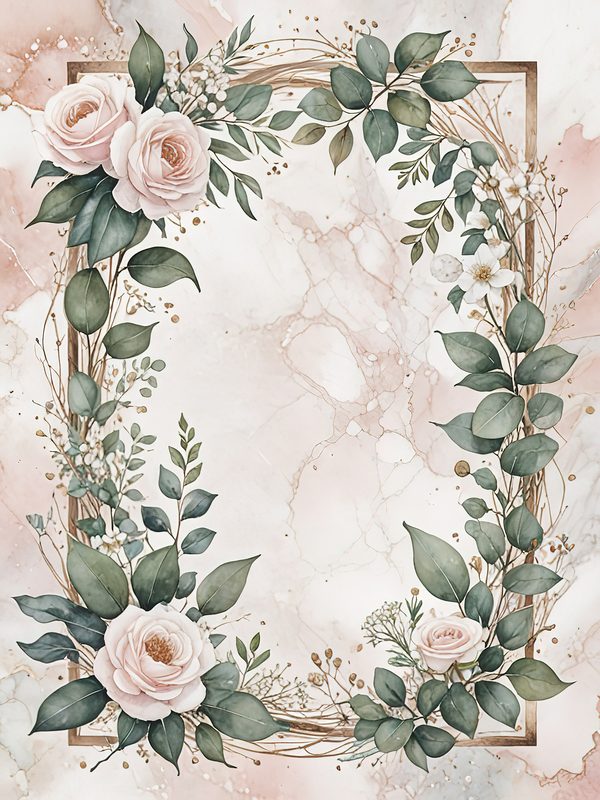 Watercolor Roses Clipart: Marbled Texture, Gold Frames (JPG Digital Art) — image 7