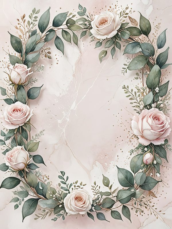 Watercolor Roses Clipart: Marbled Texture, Gold Frames (JPG Digital Art) — image 8