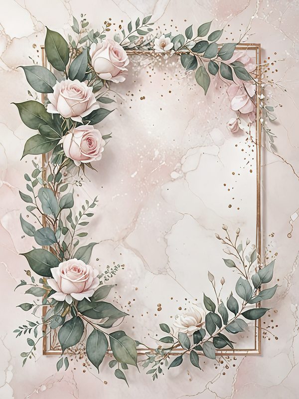 Watercolor Roses Clipart: Marbled Texture, Gold Frames (JPG Digital Art) — image 10