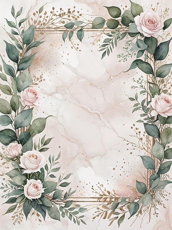 Watercolor Roses Clipart: Marbled Texture, Gold Frames (JPG Digital Art) — image 11