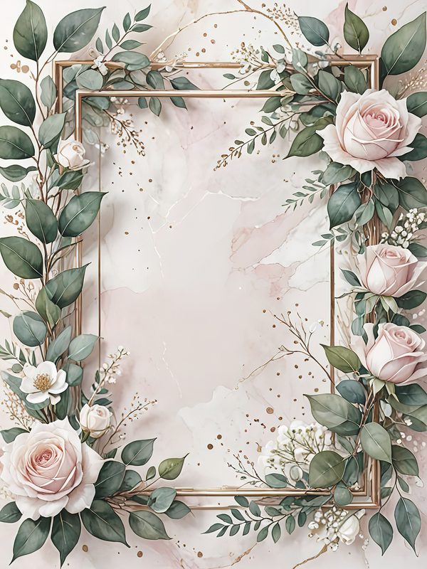 Watercolor Roses Clipart: Marbled Texture, Gold Frames (JPG Digital Art) — image 12