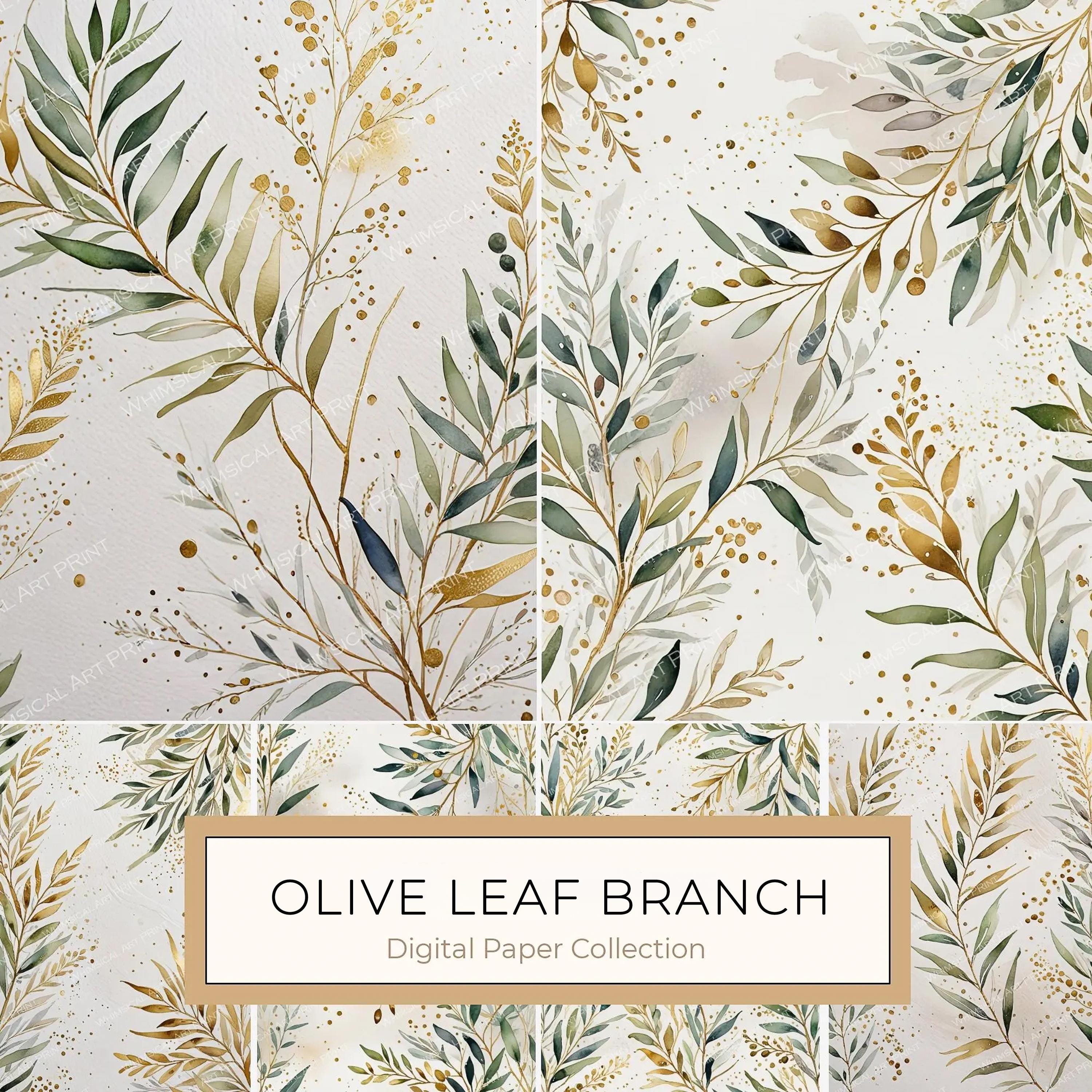 Watercolor Olive Branch Digital Paper: Gold & Sage Leafy Background (Digital Download, Commercial Use)