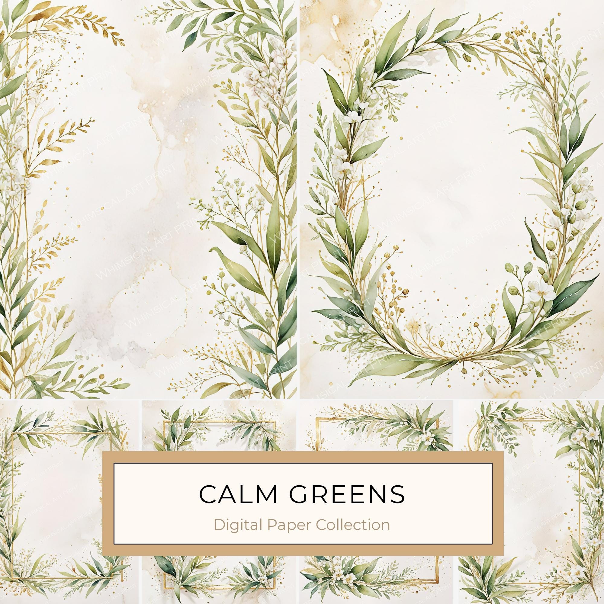 Watercolor Olive Branch Frames: Soft Neutral Greenery Art (JPGs, Commercial Use)