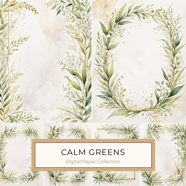 Watercolor Olive Branch Frames: Soft Neutral Greenery Art (JPGs, Commercial Use)