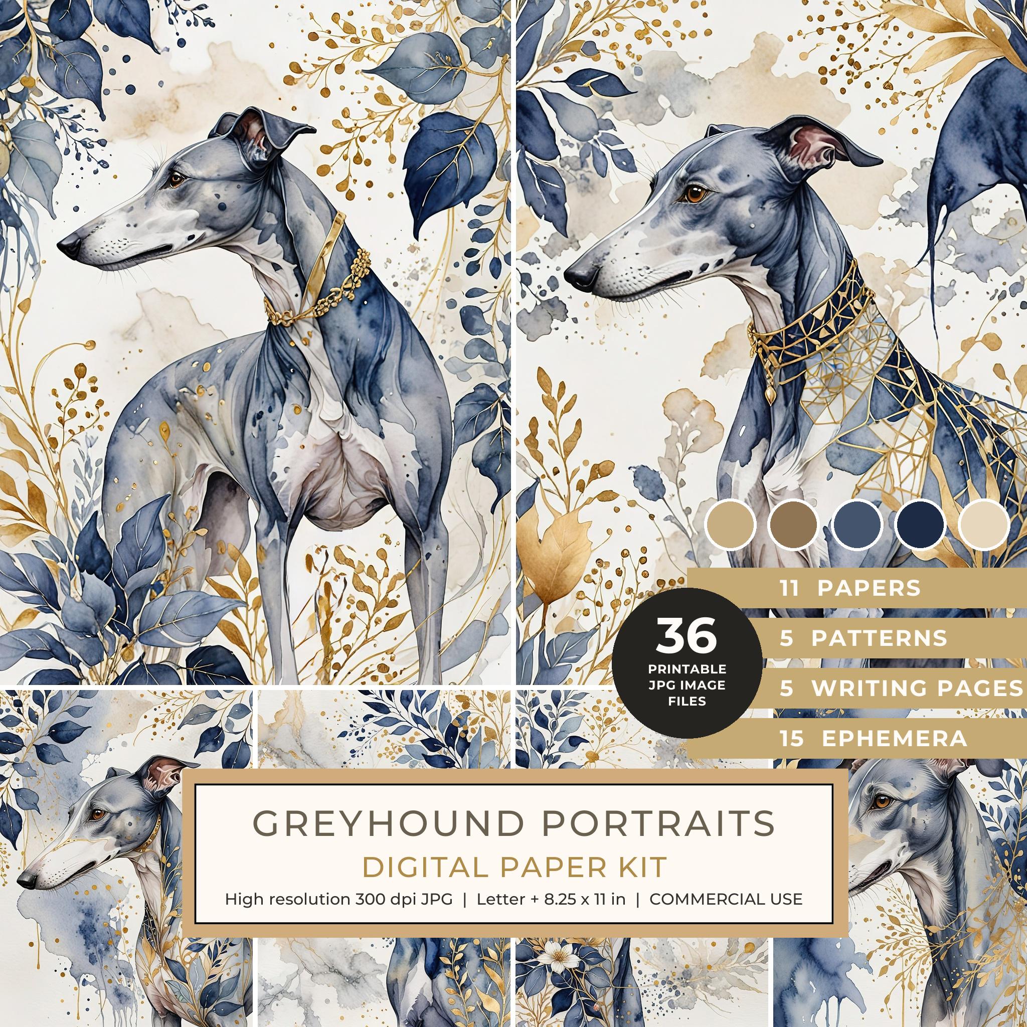 Greyhound Portraits Watercolor Digital Paper Kit: Printable Papers, Cards, Tags, Ephemera