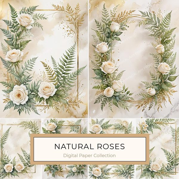 Watercolor White Roses Digital Paper: Gold Frame Floral JPGs (Commercial Use)