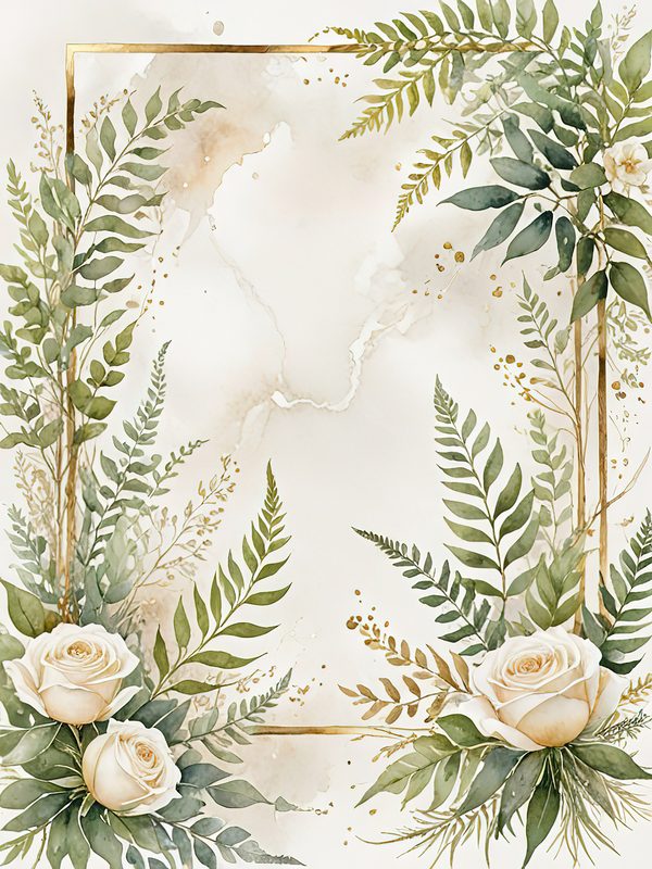 Watercolor White Roses Digital Paper: Gold Frame Floral JPGs (Commercial Use) — image 1