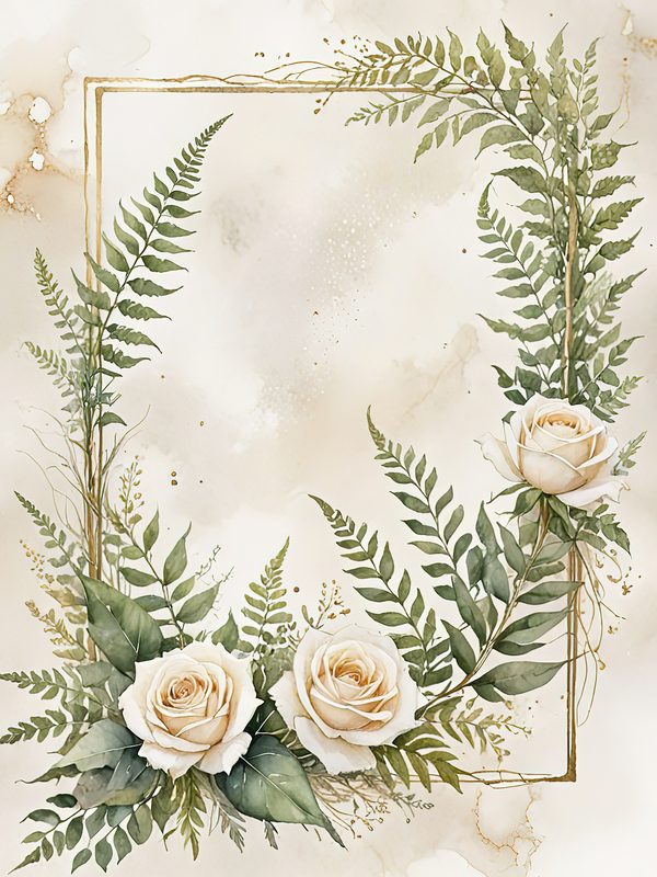 Watercolor White Roses Digital Paper: Gold Frame Floral JPGs (Commercial Use) — image 2